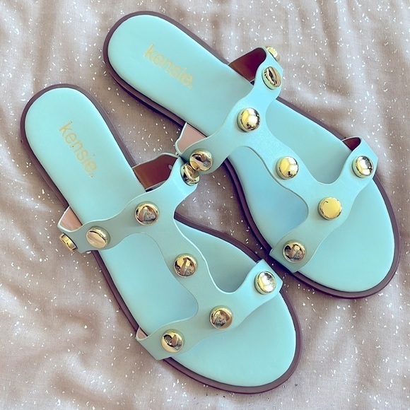 Brand New Kensie Seafoam Mint Green Gold Tone Studded Slides Sandals - Picture 11 of 15